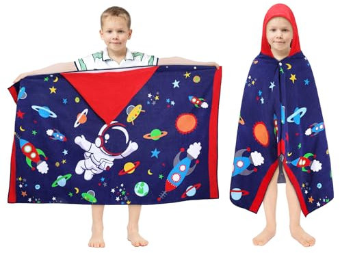 decalsweet Badeponcho Kinder 100% Baumwolle Kapuzen-Babybadetuch, Groß Weich und Saugfähig Kinderhandtuch, Badetücher Handtuch Kapuze Strandtücher für Jungen und Mädchen, 76x 127 cm (Astronaut)