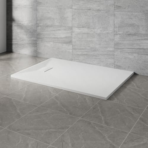 NRG 1400x900mm SMC Rectangle Shower Tray White with Fast Flow Waste | Anti Slip, Bathroom Shower Base Tray, Wet Room Shower Pan, Shower Enclosure Tray, Wetroom Shower Cubicle Base, Slate Effect