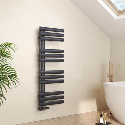 EMKE Radiador de baño, Soporte para Toallas Ovalado,1120x400 mm, Radiador de Toallas con conexión Lateral, Calefactor de Toallas, Secador de Toallas, Color Antracita, 408 Vatios