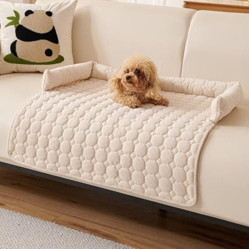 Bettschlange Hundebett Sofa Waschbar - Hundedecke Sofa mit Rand, Sofaschutz Hund, Flauschig Hundebett, rutschfest Hundekissen, Mittelgroße Hunde,75x75cm,Beige