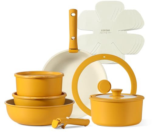 CAROTE Pots and Pans Set, Nonstick Cookware Set Detachable Handle, 15pcs Induction Kitchen Cookware Sets Non Stick with Removable Handle, RV Cookware Set, Oven Safe, Sage Green, Yellow