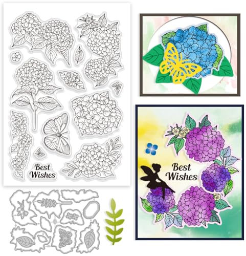 GLOBLELAND Hydrangea Clear Stamp and Cutting Dies Set for Card Making Spring Flowers Butterfly Silicone Clear Stamp Metal Plants Leaves Die Cuts for DIY Scrapbooking Photo Album