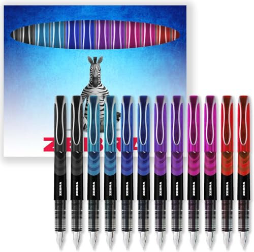 Zebra Fuente Pen - Disposable Fountain Pens - Pack of 12 - Black, Blue, Light Blue, Pink, Purple, & Red Ink - In Zebra Cardboard Gift Box