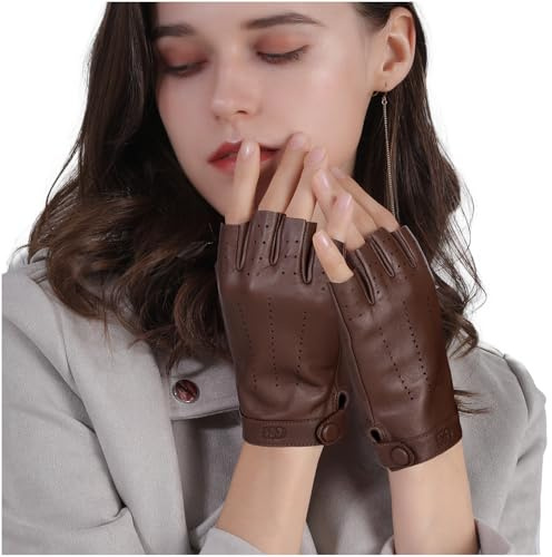 GSG SINCE 1998 Halbfinger Lederhandschuhe Damen – Fingerlose Fahrhandschuhe aus Schafsleder, atmungsaktive handschuhe mit Druckknopf Braun M