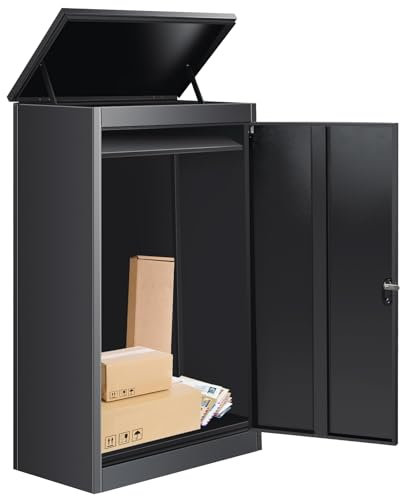 Paketkasten für draußen - 62 X 46 X 110cm Abschließbarer schwarzer Metall-Paketkasten, Anti-Diebstahl, IPX3 wasserdicht, wetterfester Briefkasten für Veranda, Zaun, Bordsteinkante