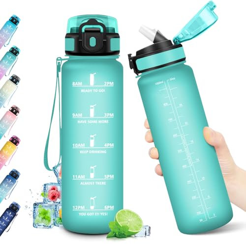 Gourde Sport 1L, Bouteille Réutilisable, Gourde avec Paille et Marqueur de Temps, Gourde sans BPA, Bouteille Sport Étanche, Bouteille d'eau pour Sport, Bureau, Fitness, Randonnée, Yoga, Camping