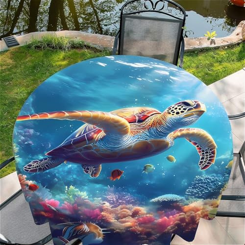 Tischdecke abwischbar Rund 60(150x150cm), Garten tischdecke mit Meeresschildkröten im Wasser Motiv, Dekorative Tischdeko für KücheEsszimmer tischdecke Outdoor wetterfest