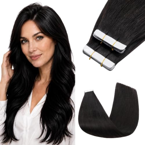 MY-LADY Tape Extensions Echthaar Natürliches Schwarz Glattes 40cm 15g | 10pcs Tape in Extensions Invisible & Natürlich, für Highlights, inkl. Ersatz-Tapes Haarverlängerung Wiederverwendbar