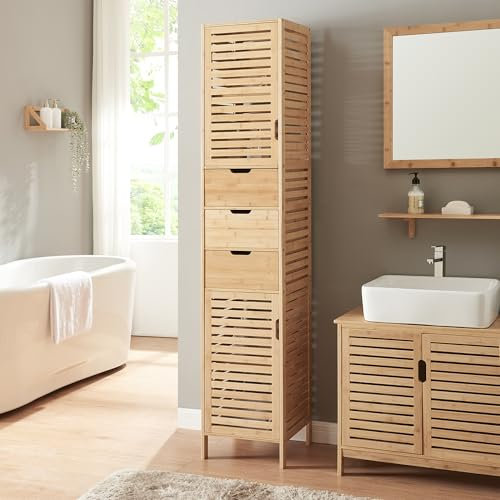 [en.casa] Badezimmer Hochschrank schmal Boksereys Badezimmerschrank mit 2 Türen Badschrank mit 3 Schubladen 180 x 35 x 35 cm Bambus