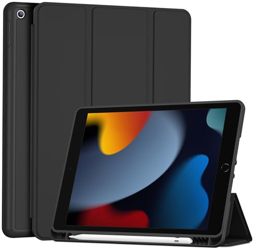 ProCase Coque avec Porte-Stylet pour iPad 10.2 iPad 9/8/7ème Génération 2021/2020/2019, Nouvel Étui Amélioré, Housse de Protection Anti-Chute -Noir