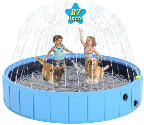 BerrysParadise Foldable Dog Pool with Sprinkler, 87'' Extra Large Non-Slip Dog Swimming Pool, 2-in-1 Outdoor Backyard Pet Bathing Tub with Drain Plug for Dogs Kids Pets Ducks