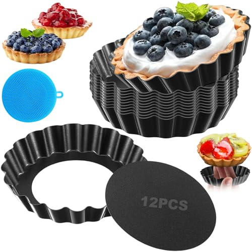 12 Piezas Moldes Tartaletas con Base Extraíble, 8cm Molde Quiche Mini Antiadherentes, Molde Redondo con Base Desmontable, Moldes Acero Carbono para Tartas Frutas, Pasteles, Tartelette (Negro)