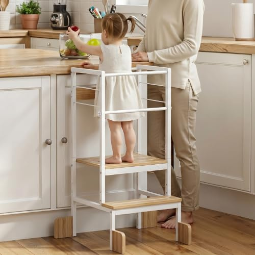 COSYLAND Adjustable Height Kids Kitchen Standing Stool, Toddler Learning Step Stool with Safety Bar and Four Support Corners, Safe Helper Tower for Ages 18 Months-6 Years (White & Natural)
