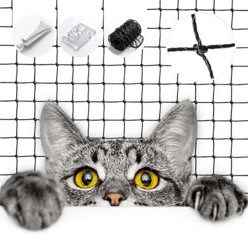 KONZEPT Katzennetz für Balkon 3x2m ohne Bohren – Drahtverstärkt, Biss- & Kratzfest, wetterbeständig, 3 x 3 cm Maschenweite, Schwarz
