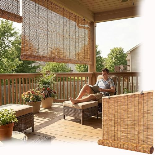 Outdoor Rollo Wetterfest, Sonnenschutz Rollo Außen, Aussenrollos Wetterfest Balkon Sichtschutz, Bambusrollo Outdoor Wetterfest Schilf Vorhang Für Aussen Raffrollos Natur(W120cm x H165cm)