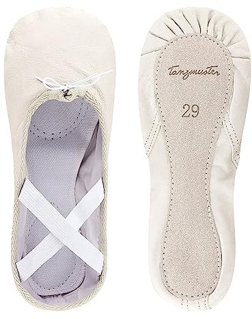 tanzmuster Ballettschuhe Damen - Sasha - Leder - ganze Ledersohle - Ballettschläppchen für Erwachsene - Tanzschuhe fürs Ballett - steinweiß, Größe:45