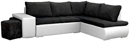 mb-moebel Ecksofa mit Zwei Hocker Sofa Eckcouch Couch mit Schlaffunktion und Bettkasten Ottomane L-Form Schlafsofa Bettsofa Polstergarnitur - 265x280x88cm - BELGRAD (Ecksofa Rechts, Schwarz + Weiß)