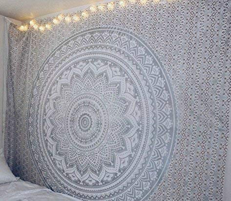 Popular Handicrafts Wandteppich, Wandbehang, Ombré-Stil, Hippie-Mandala, Bohemian, Hippie, aufwendige indische Wandteppiche, Tagesdecke, 230 x 270 cm, Gold und Silber