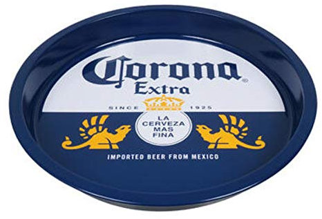 The Tin Box Company Corona Large Round Beverage Tray, Blue and White