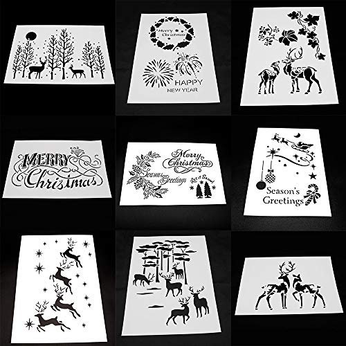 BLUGUL 9 Stück A4 Weihnachts Schablonen, Zeichenschablonen, für Wand Boden Fliesen Holz Stoff Möbel, Merry Christmas Santa Claus Xmas Bäume Schneeflocken Rentier