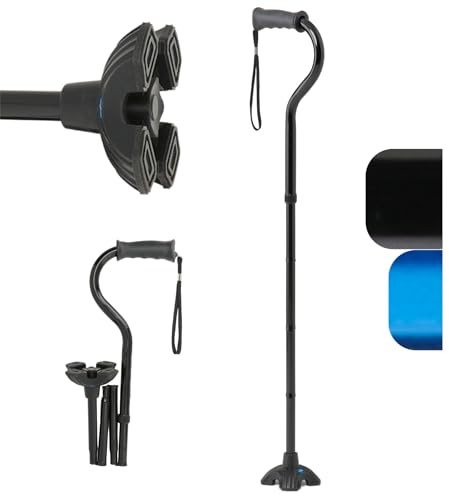 Medline Offset Folding Cane, 4-Point Base with Cushioned Gel Handle, Supports up to 350 lbs, Black