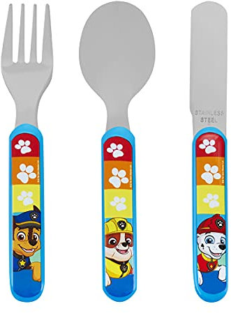 Paw Patrol 3-teiliges Besteckset-Metall, wiederverwendbares Kindermesser, Gabel & Löffel, Kindergröße, aus lebensmittelechtem Edelstahl & ABS-Kunststoff-Chase Marshall Skye Rubble-Ab 12 Monaten, GR