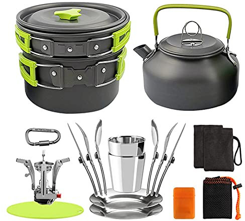 Lixada Camping Kochgeschirr Set Outdoor Geschirr Kit mit Herd Topf Pfanne Tasse Gabel Löffel Wasserkocher für Camping Wandern Rucksack Picknick
