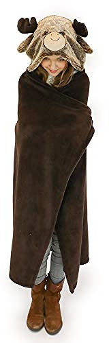 NOXXIEZ Kinder Decke mit Kapuze - kuschelig weiche Fleecedecke im Kuscheltier-Look für Jungs, Mädchen, Sommer, Winter, Camping und als Kuscheldecke (Rentier)