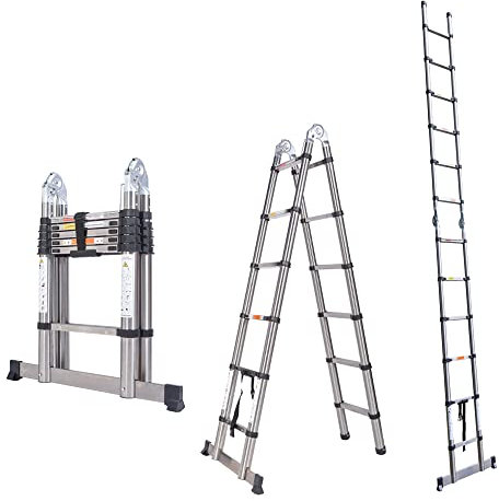 Échelle Télescopique 3.8M(1.9M + 1.9M), Escabeau Telescopique Multi-usages en Acier Inoxydable, A-Frame Échelles Extensible Pliable pour Jardin Extérieur, Ménage Quotidien, Charge Max 300lbs