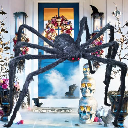 2 Meter Haarige Spinnen Dekoration Halloween, 200cm Groß Gruselige Spinnen Gefälschte Schwarz Haarige,Riese 2M Realistische Riesig Spinne mit Roten Augen Deko für Außen Innen Party, Garten, Spukhäuser