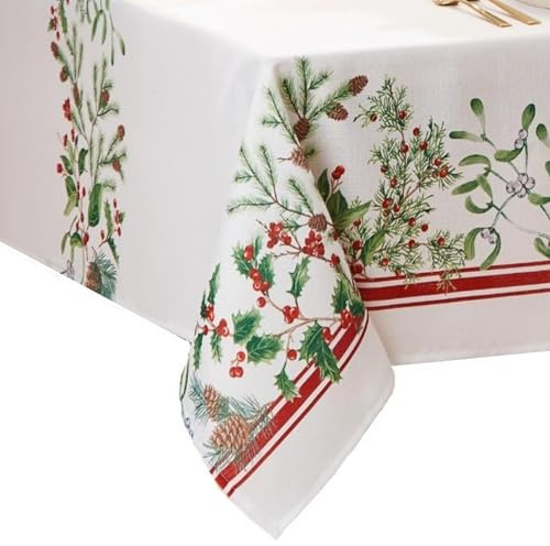 Elrene Home Fashions Winter Holiday Berry Bordered Wrinkle Resistant Tablecloth, Decorative Christmas Table Cover, 60 X 102, Rectangle