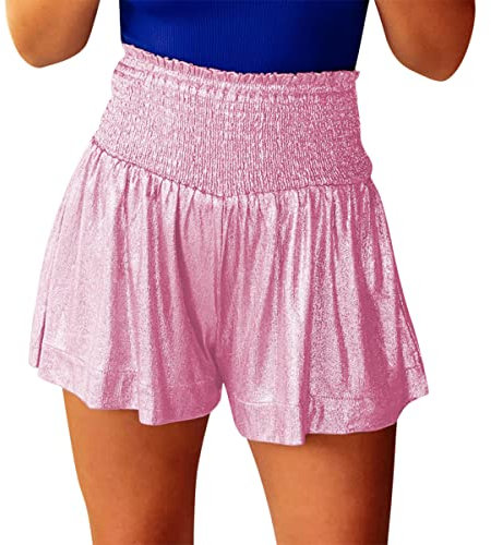 Onsoyours Damen Metallic Hotpants Pailletten Glitzer Shorts mit Hoher Taille Sexy Kurze Hose Shorts für Tanz Sport Disco Kostüm Fasching Karneval Rosa XL