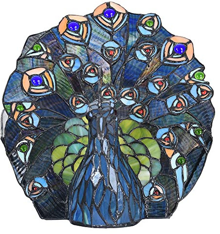 HAES DECO - Tiffany Tischlampe 32x30 cm Blau Grün Glas Pfau Tiffany Lampen Nachtlicht Buntglas