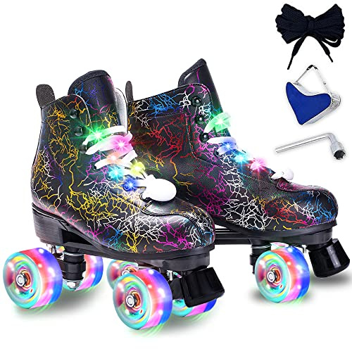 Roller Skates Women Men - Microfiber Leather Roller Skate Classic High Top Double Row Roller Skates for Indoor Outdoor with Light up Shoe Laces (Flash Wheel, 45-US Men 11= Women 12)