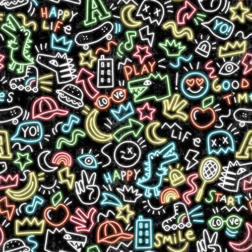 VmG-Store 1m Jerseystoff zum Nähen Baumwolljersey Nähstoff KEINE Meterware Kinderstoff (Doodles Schwarz Neon JB026)