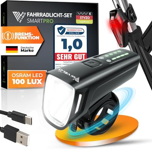 MIVELO SMART Fahrradlicht Set 100LUX, 2000mAh Power-Akku, Auto-Sensor, StVZO zugelassen, USB aufladbar & wasserdicht, Fahrradlampe vorne & Fahrrad Rücklicht, LED Fahrradbeleuchtung, Energieklasse A+++