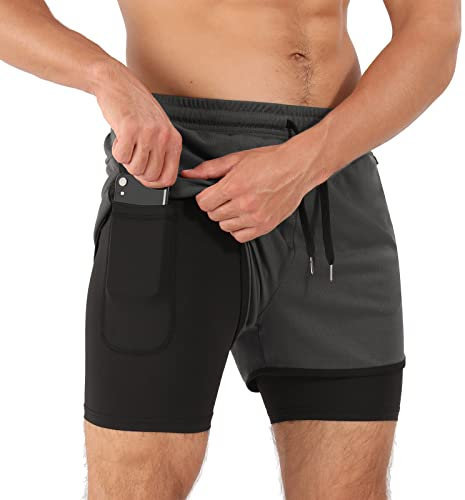 Superora Short de Course Hommes Short de Compression Gym Fitness Workout 2 en 1 Short avec Poche téléphone et Poches zippées