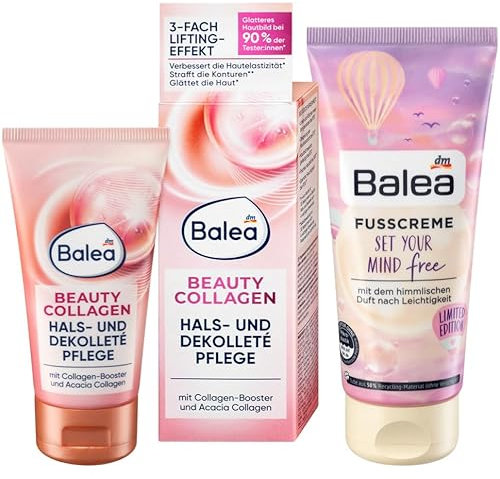 Balea 2er-Set Hautpflege: BEAUTY COLLAGEN Hals- und Dekolleté Pflegecreme mit 3-fach Lifting-Effekt für Hautfestigkeit & Hautelastizität (50 ml) + Fußcreme SET YOUR MIND FREE (100 ml) 150 ml