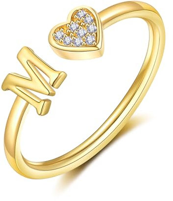 FUNEIA Herz Ring mit Buchstaben Damen Frauen Gold Silber Rosegold Verstellbarer Initiale A-Z Zirkonia Fingerring Stapelring Wasserfest Buchstabering Schmuck Mädchen Geschenkbox