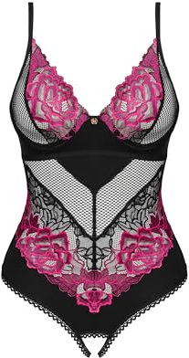 Selente Love & Fun, Seducente Set Intimo da Donna 2 Pezzi, Body Aperto e Benda per Gli Occhi in Satin, Prodotto nell'UE (XS-S, Nero-Fucsia-Aperto)