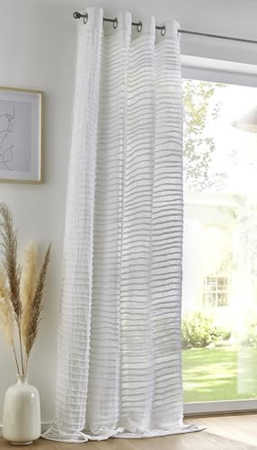 Kutti Musselin Vorhang „Crinkle“weiß mit Ösen – halbtransparente Gardine aus weichem Baumwoll-Musselin, luftiger Boho Vorhang 140 x 175 cm (1 Stück)
