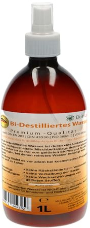 BestLab Bidestilliertes Wasser | 2-Fach destilliertes Aqua - Ideal für Haushalt, Medizin, Labor und Elektrogeräte, Auto oder Bügeleisen - 2 x 1L mit Sprühkopf