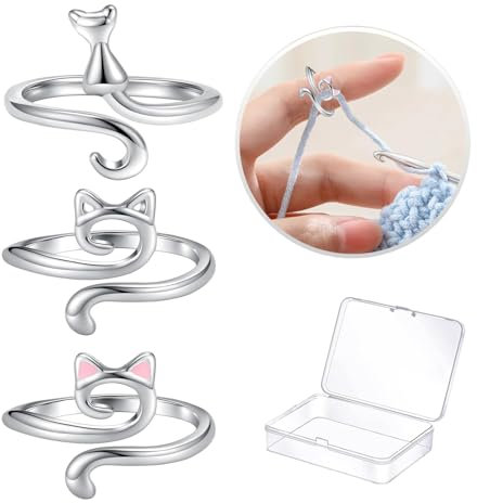 Kotkiddy Lot de 3 anneaux à crochet en métal réglables - Accessoires - Crochet - Dé à tricoter - Guide de fil - Anneau - Support de doigt - Bricolage - Oreilles de chat