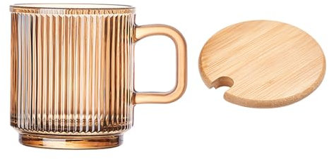 soulnioi 340ml Glass Coffee Cup with Lid and Handle, Coloured Glass Coffee Mugs, Ribbed Coffee Glasses for Latte, Cappuccino, Tea, Milk, Juice, Water (Amber)
