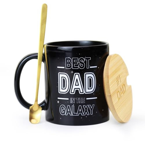 Gifts for Dad, Black Coffee Mug with Lid 11oz - Best Dad in The Galaxy, Unique Ceramic Mug- Funny Dad Gift from Daughter, Son, The World's Best Dad Birthday Gift Christmas.