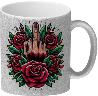 Stinkefinger Rosen - Ich hasse Menschen Glitzer-Kaffeebecher Provokative Geste im Paar Beleidigung mit Blütenhand Blumen Hände