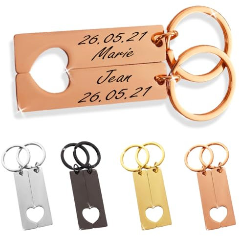 ibera gifts - 2 porte-clés personnalisés en acier inoxydable : porte clef personnalisable pour couple, gravure personnalisée, (Or rose)