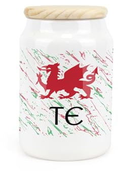Purely Home Welsh Dragon Ceramic Tea Storage Canister - Te Wales Souvenir Themed Kitchen Food Storage Container & Wooden Lid 600ml (14.5cm x 9.5cm)
