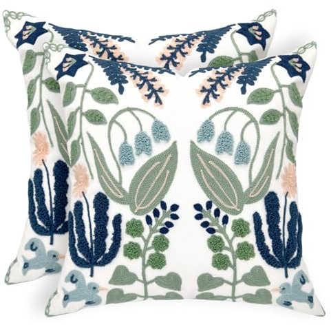 Alysheer Spring Floral Embroidered Decorative Throw Pillow Covers 18x 18 Set of 2, Farmhouse Navy Blue Flowers Green Leaves Tufted Patterned Cotton Cushion Cases for Couch Bed Living Room Decor
