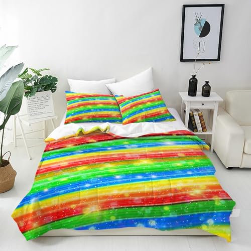 ANHOPE Regenbogen Bettwäsche Set 2 Teilig Bunte Linien Bettbezug 135x200 cm + Kissenbezug 80x80 cm Weich Microfaser Bettbezüge mit Reißverschluss Bettdeckenbezug für Kinder Mädchen